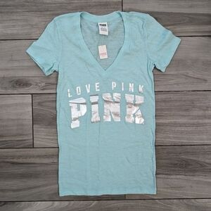 PINK Victoria's Secret Seafoam Green and Silver Tee Shirt